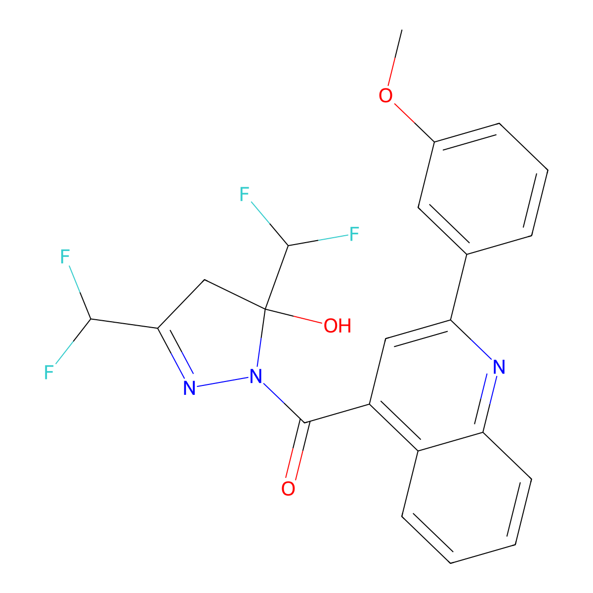 [3,5-bis(difluoromethyl)-5-hydroxy-4H-pyrazol-1-yl]-[2-(3-methoxyphenyl)quinolin-4-yl]methanone molecular structure, CAS 438234-92-5