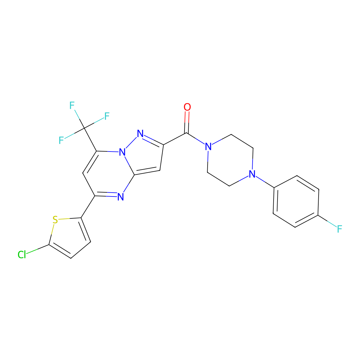 [5-(5-Chlorothiophen-2-yl)-7-(trifluoromethyl)pyrazolo[1,5-a]pyrimidin-2-yl]-[4-(4-fluorophenyl)piperazin-1-yl]methanone molecular structure, CAS 438234-96-9