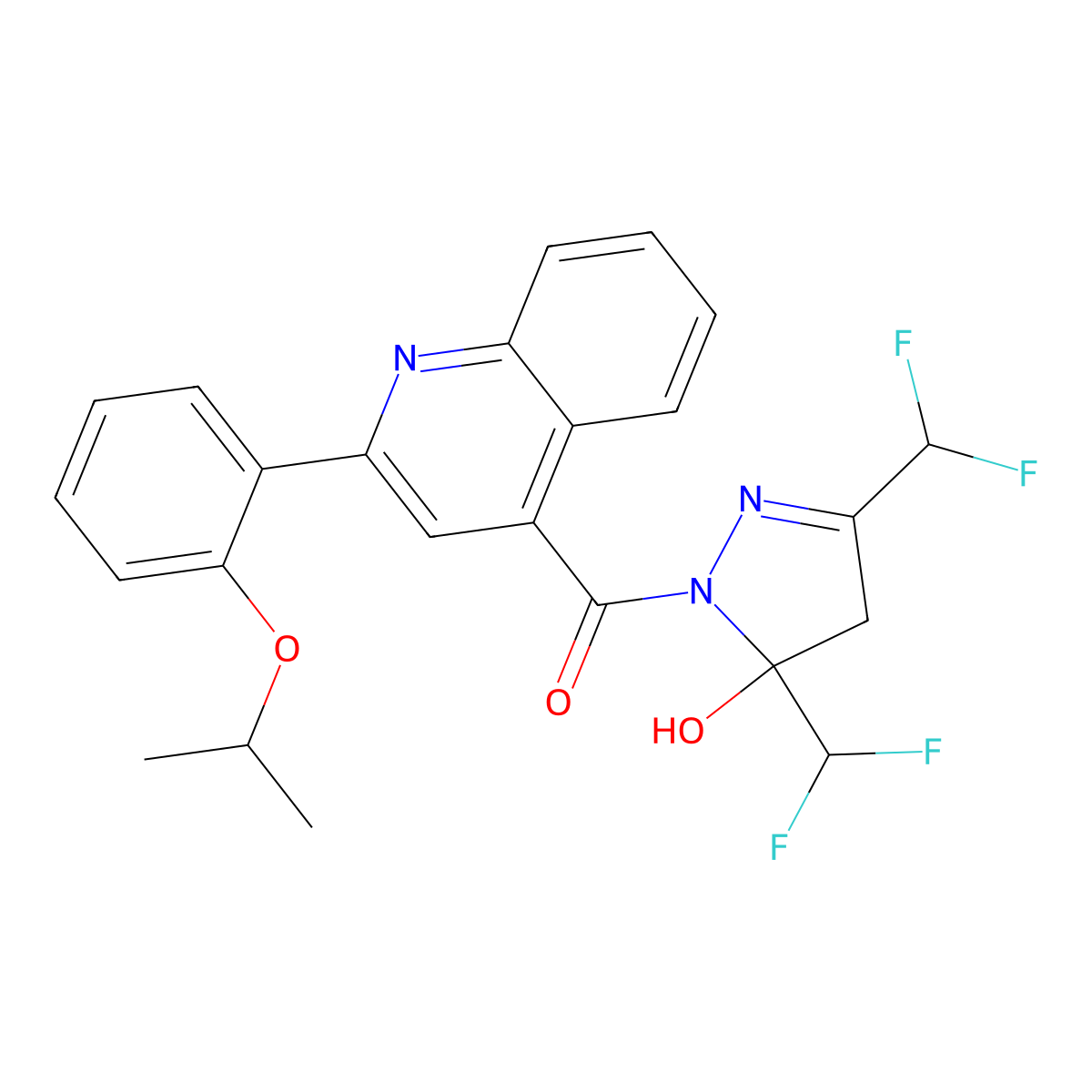 [3,5-bis(difluoromethyl)-5-hydroxy-4H-pyrazol-1-yl]-[2-(2-propan-2-yloxyphenyl)quinolin-4-yl]methanone molecular structure, CAS 438235-02-0