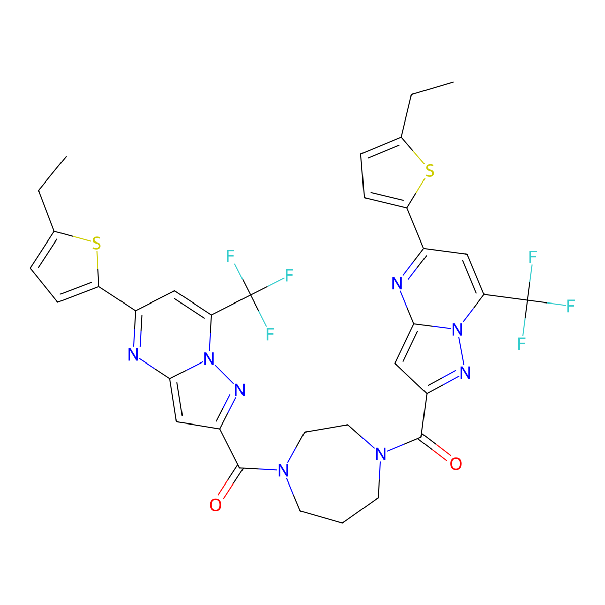 [4-[5-(5-Ethylthiophen-2-yl)-7-(trifluoromethyl)pyrazolo[1,5-a]pyrimidine-2-carbonyl]-1,4-diazepan-1-yl]-[5-(5-ethylthiophen-2-yl)-7-(trifluoromethyl)pyrazolo[1,5-a]pyrimidin-2-yl]methanone molecular structure, CAS 438235-04-2