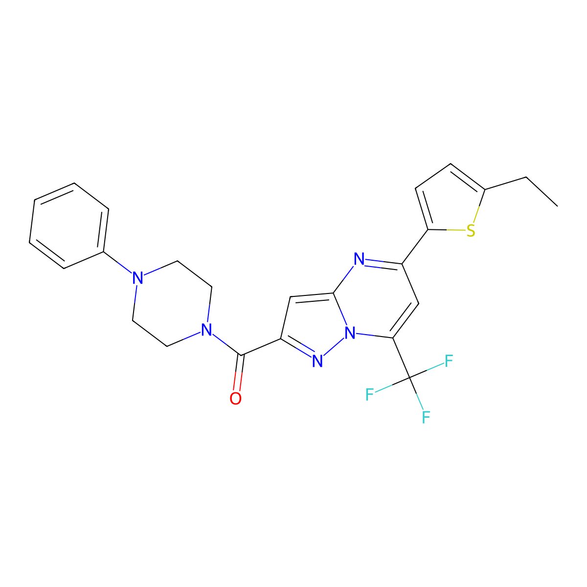 [5-(5-Ethylthiophen-2-yl)-7-(trifluoromethyl)pyrazolo[1,5-a]pyrimidin-2-yl]-(4-phenylpiperazin-1-yl)methanone molecular structure, CAS 438235-05-3