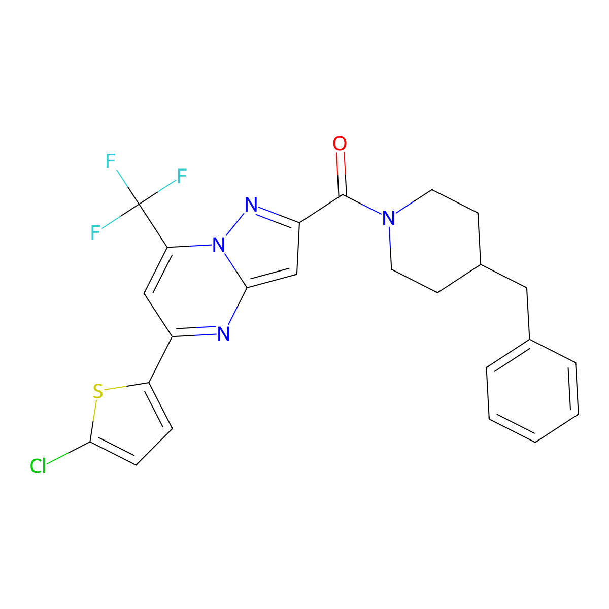 (4-Benzylpiperidin-1-yl)-[5-(5-chlorothiophen-2-yl)-7-(trifluoromethyl)pyrazolo[1,5-a]pyrimidin-2-yl]methanone molecular structure, CAS 438235-07-5