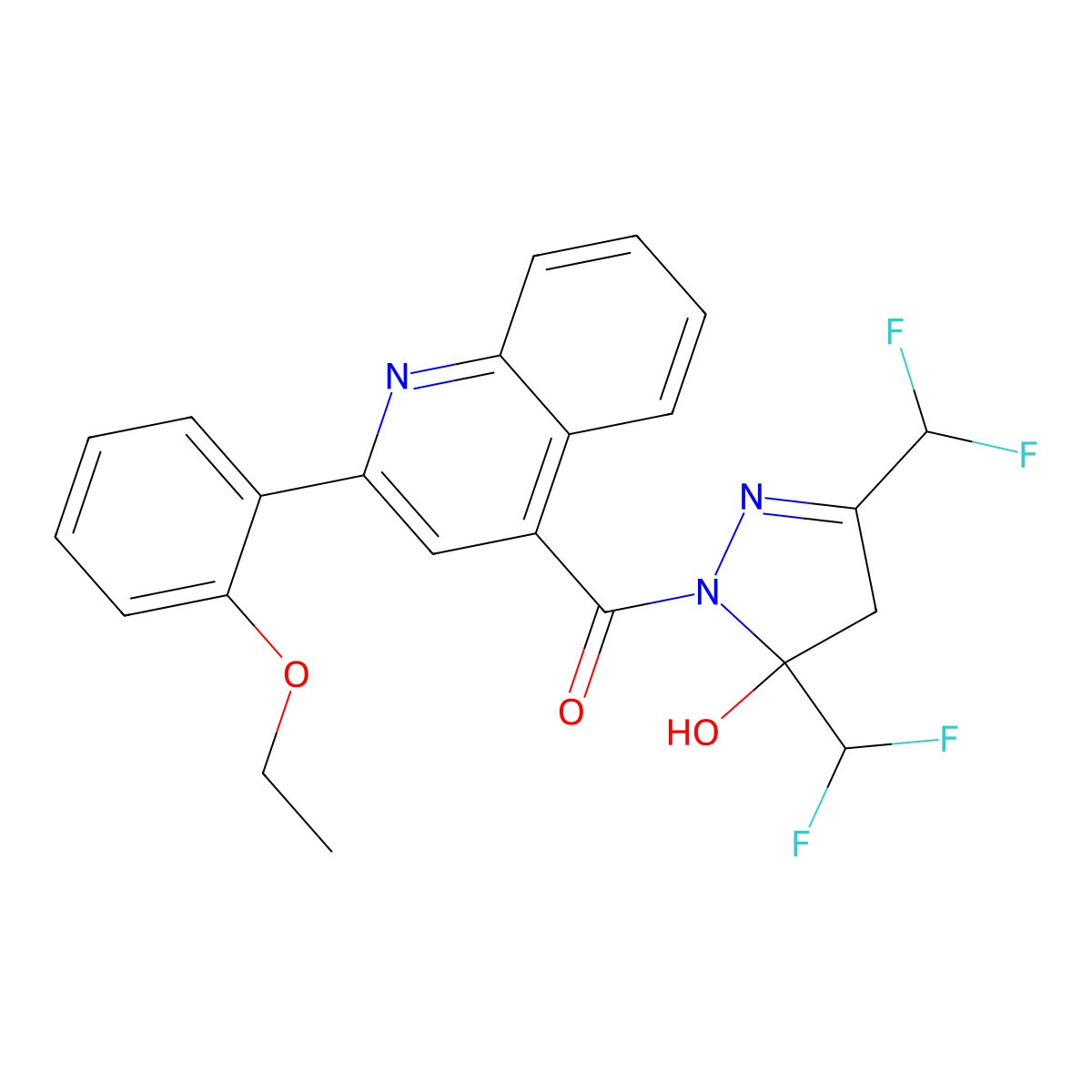 [3,5-bis(difluoromethyl)-5-hydroxy-4H-pyrazol-1-yl]-[2-(2-ethoxyphenyl)quinolin-4-yl]methanone molecular structure, CAS 438235-22-4