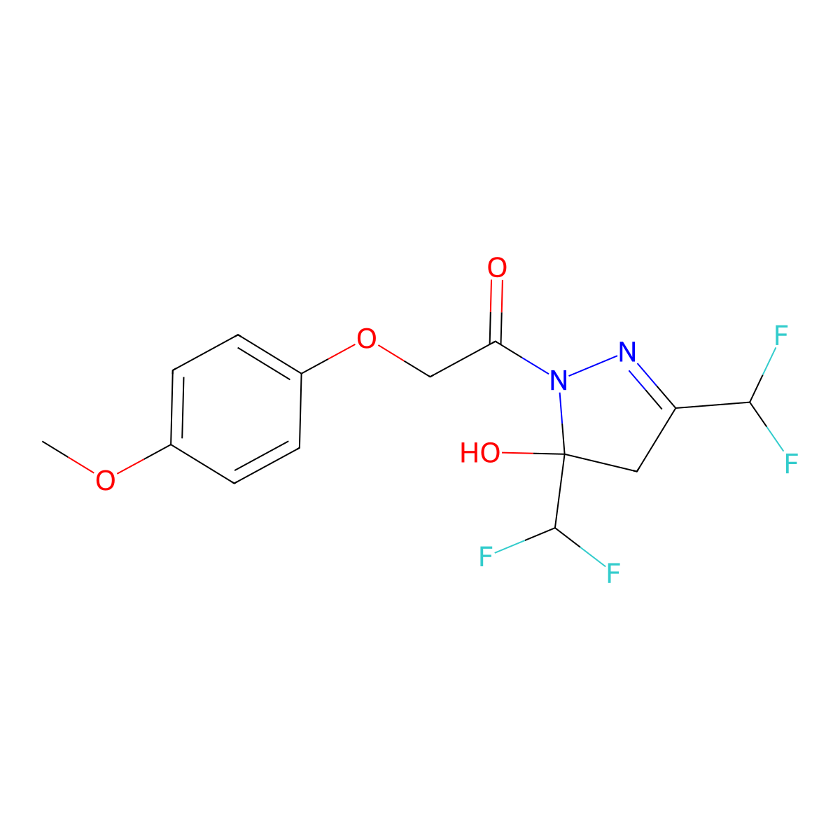1-[3,5-bis(difluoromethyl)-5-hydroxy-4H-pyrazol-1-yl]-2-(4-methoxyphenoxy)ethanone molecular structure, CAS 438235-27-9