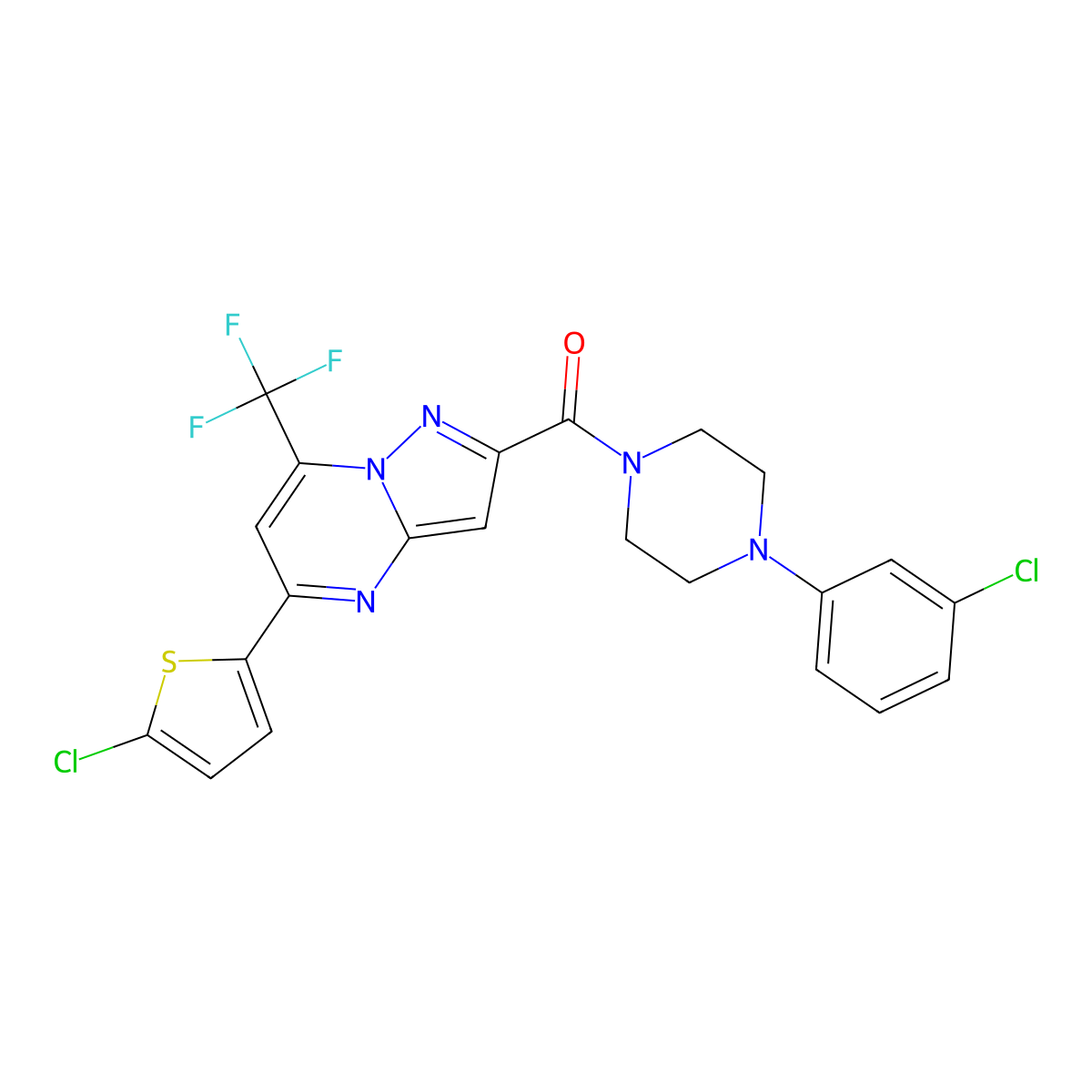 [4-(3-Chlorophenyl)piperazin-1-yl]-[5-(5-chlorothiophen-2-yl)-7-(trifluoromethyl)pyrazolo[1,5-a]pyrimidin-2-yl]methanone molecular structure, CAS 438235-43-9