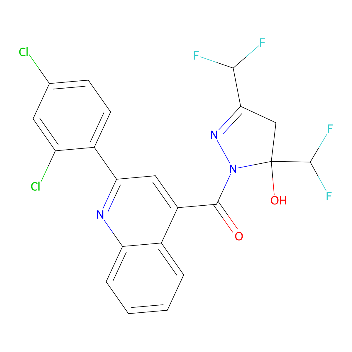 [3,5-bis(difluoromethyl)-5-hydroxy-4H-pyrazol-1-yl]-[2-(2,4-dichlorophenyl)quinolin-4-yl]methanone molecular structure, CAS 438235-46-2