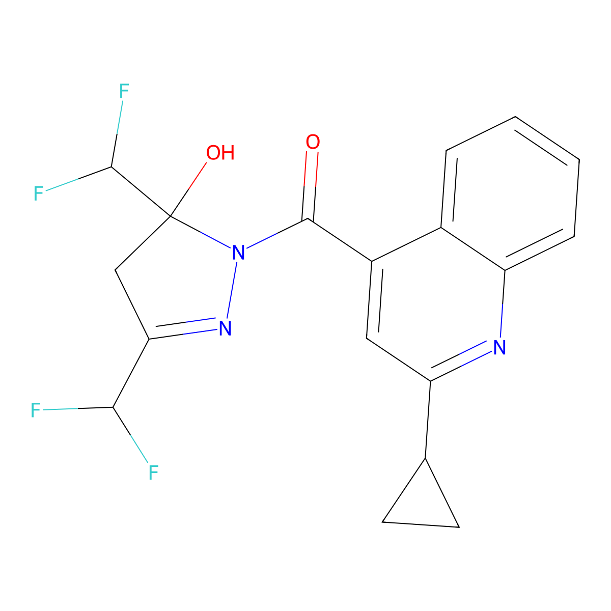 [3,5-bis(difluoromethyl)-5-hydroxy-4H-pyrazol-1-yl]-(2-cyclopropylquinolin-4-yl)methanone molecular structure, CAS 438235-48-4