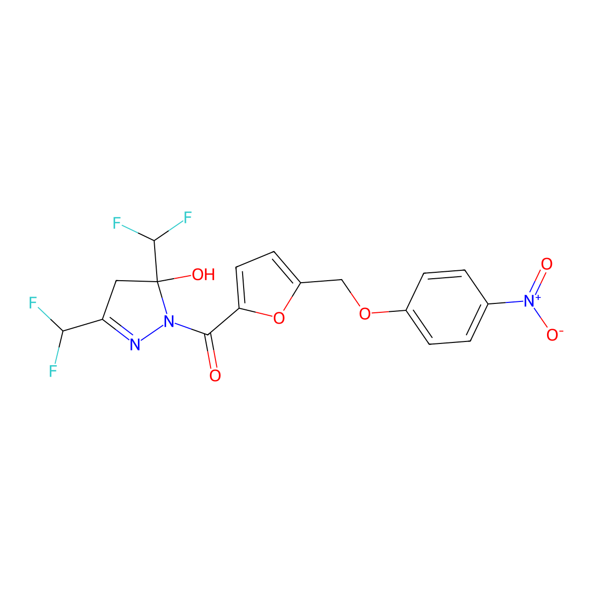 [3,5-bis(difluoromethyl)-5-hydroxy-4H-pyrazol-1-yl]-[5-[(4-nitrophenoxy)methyl]furan-2-yl]methanone molecular structure, CAS 438235-61-1