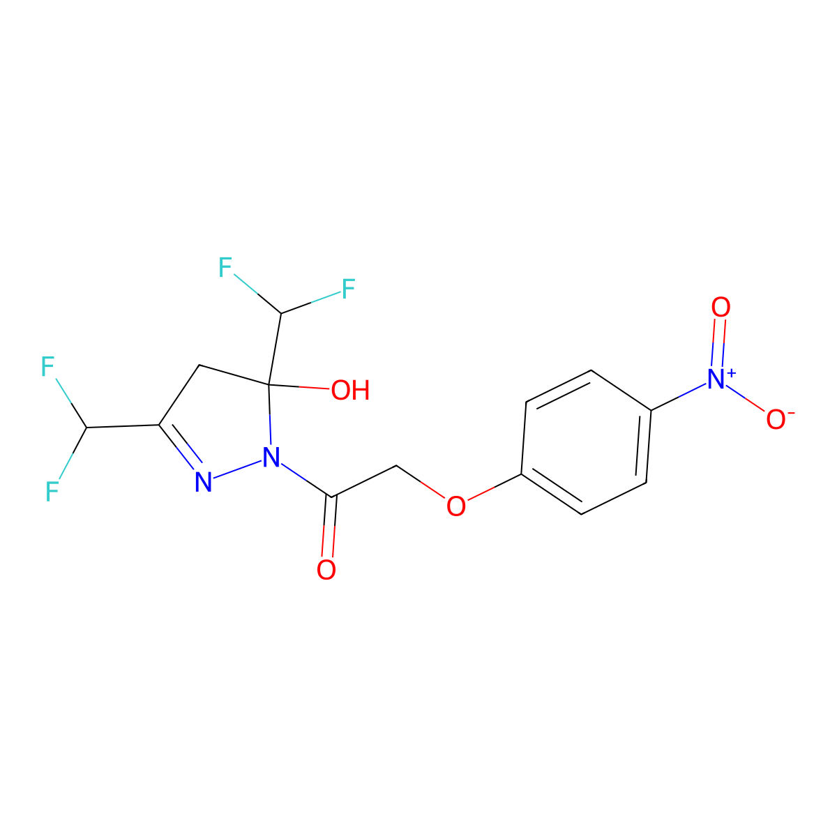 1-[3,5-bis(difluoromethyl)-5-hydroxy-4H-pyrazol-1-yl]-2-(4-nitrophenoxy)ethanone molecular structure, CAS 438235-62-2