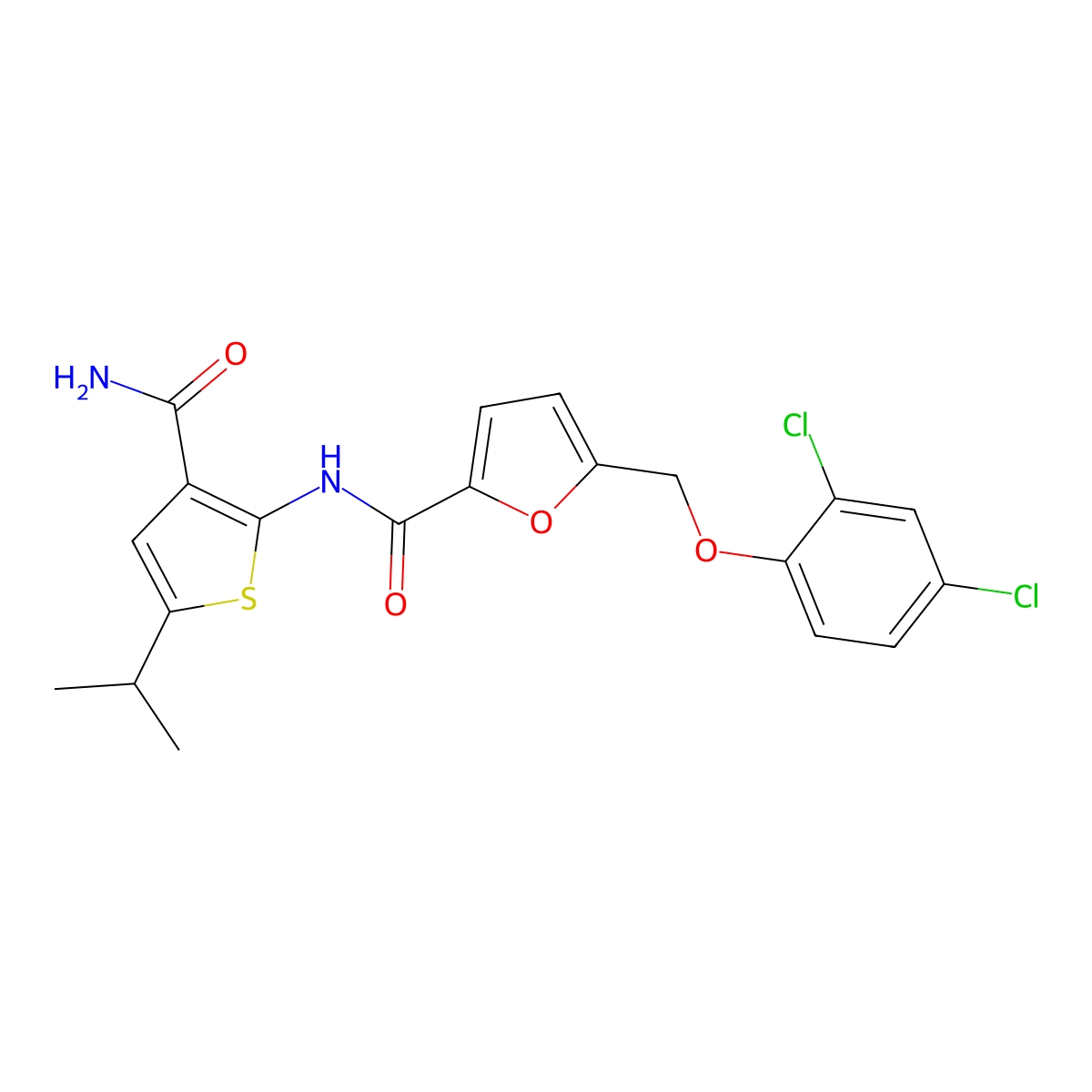 N-[3-(aminocarbonyl)-5-isopropyl-2-thienyl]-5-[(2,4-dichlorophenoxy)methyl]-2-furamide molecular structure, CAS 438235-75-7