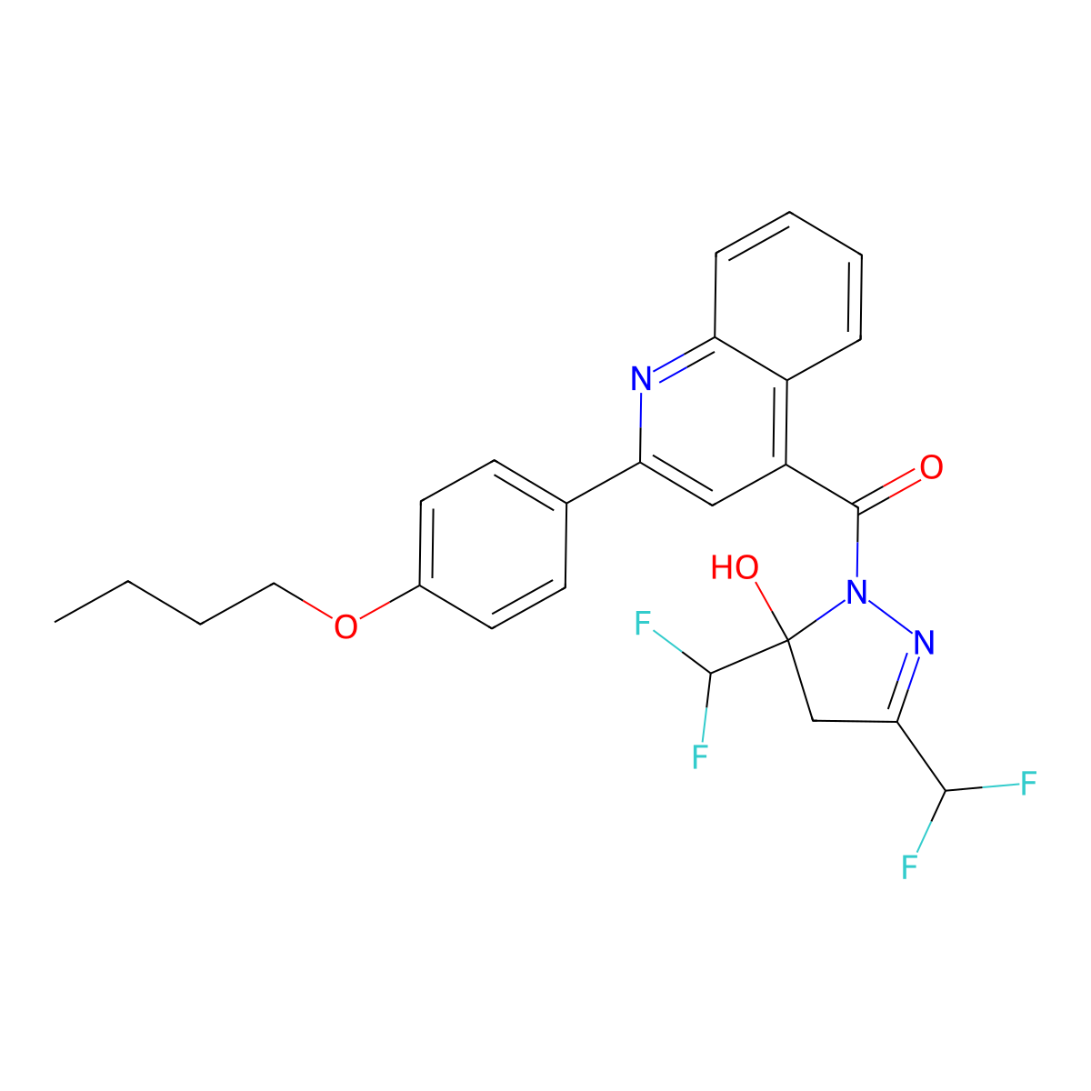 [3,5-bis(difluoromethyl)-5-hydroxy-4H-pyrazol-1-yl]-[2-(4-butoxyphenyl)quinolin-4-yl]methanone molecular structure, CAS 438235-77-9