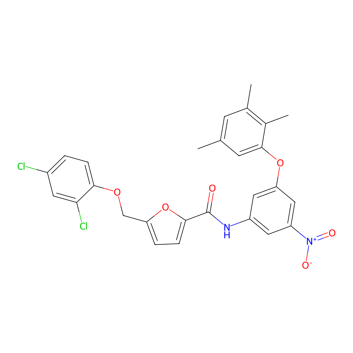 5-[(2,4-dichlorophenoxy)methyl]-N-[3-nitro-5-(2,3,5-trimethylphenoxy)phenyl]furan-2-carboxamide molecular structure, CAS 438235-78-0