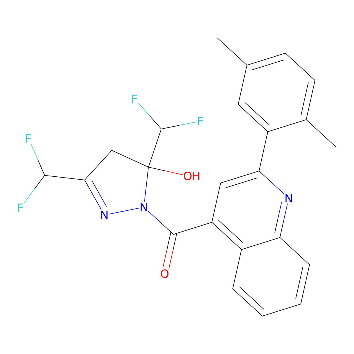 [3,5-bis(difluoromethyl)-5-hydroxy-4H-pyrazol-1-yl]-[2-(2,5-dimethylphenyl)quinolin-4-yl]methanone molecular structure, CAS 438235-79-1