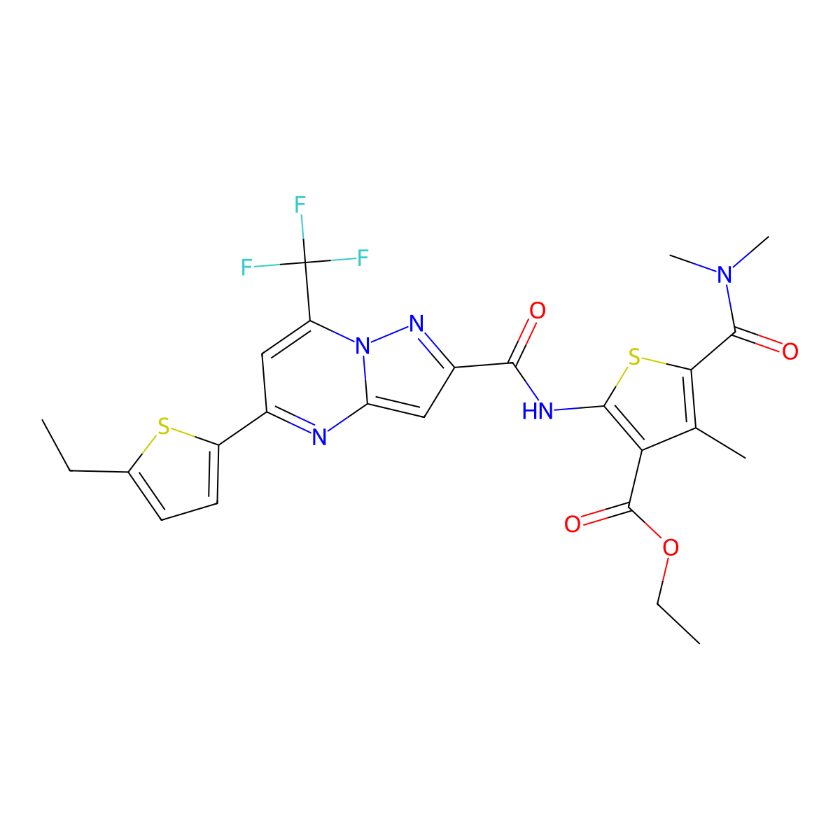 Ethyl 5-(dimethylcarbamoyl)-2-({[5-(5-ethylthiophen-2-yl)-7-(trifluoromethyl)pyrazolo[1,5-a]pyrimidin-2-yl]carbonyl}amino)-4-methylthiophene-3-carboxylate molecular structure, CAS 438235-81-5