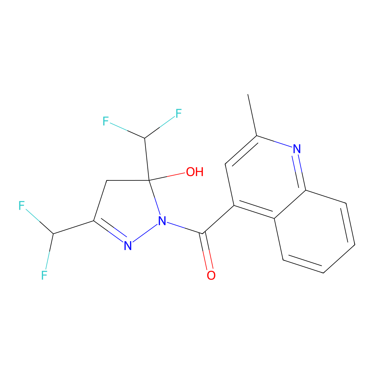 [3,5-bis(difluoromethyl)-5-hydroxy-4H-pyrazol-1-yl]-(2-methylquinolin-4-yl)methanone molecular structure, CAS 438235-84-8