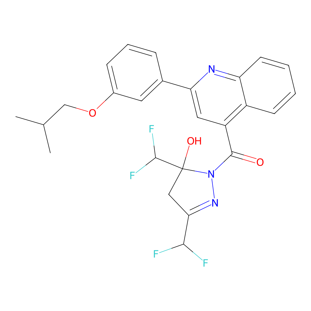 [3,5-bis(difluoromethyl)-5-hydroxy-4H-pyrazol-1-yl]-[2-[3-(2-methylpropoxy)phenyl]quinolin-4-yl]methanone molecular structure, CAS 438236-03-4
