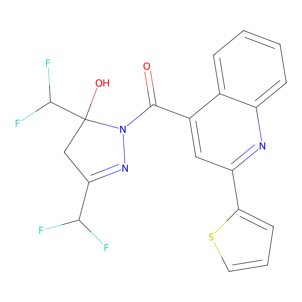 [3,5-bis(difluoromethyl)-5-hydroxy-4H-pyrazol-1-yl]-(2-thiophen-2-ylquinolin-4-yl)methanone molecular structure, CAS 438236-08-9