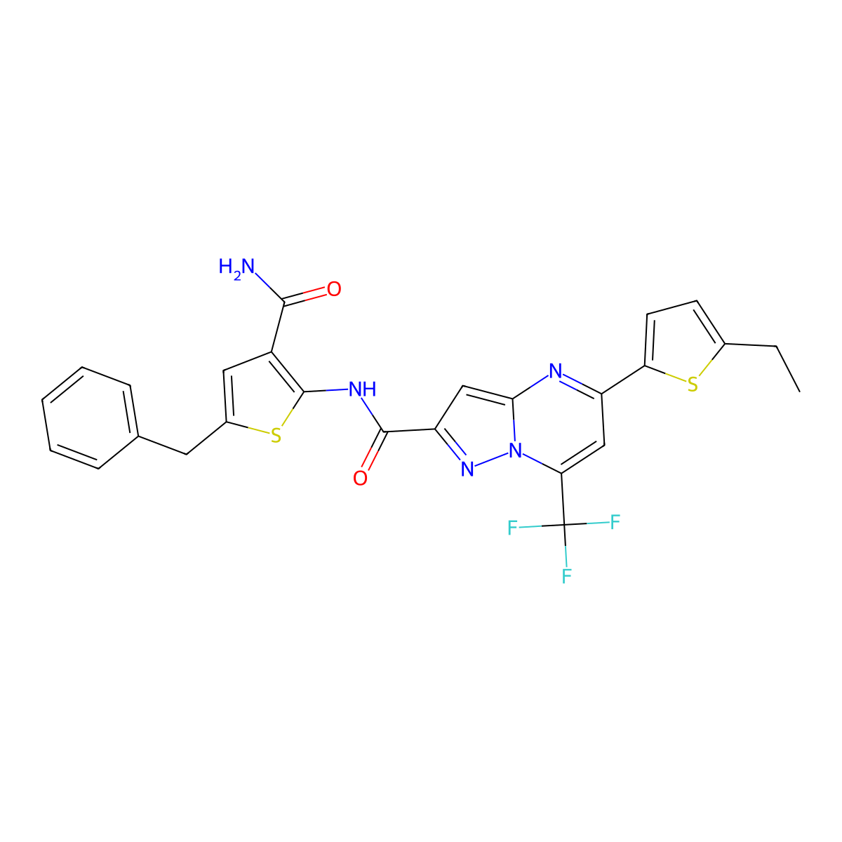 N-(5-benzyl-3-carbamoylthiophen-2-yl)-5-(5-ethylthiophen-2-yl)-7-(trifluoromethyl)pyrazolo[1,5-a]pyrimidine-2-carboxamide molecular structure, CAS 438236-14-7