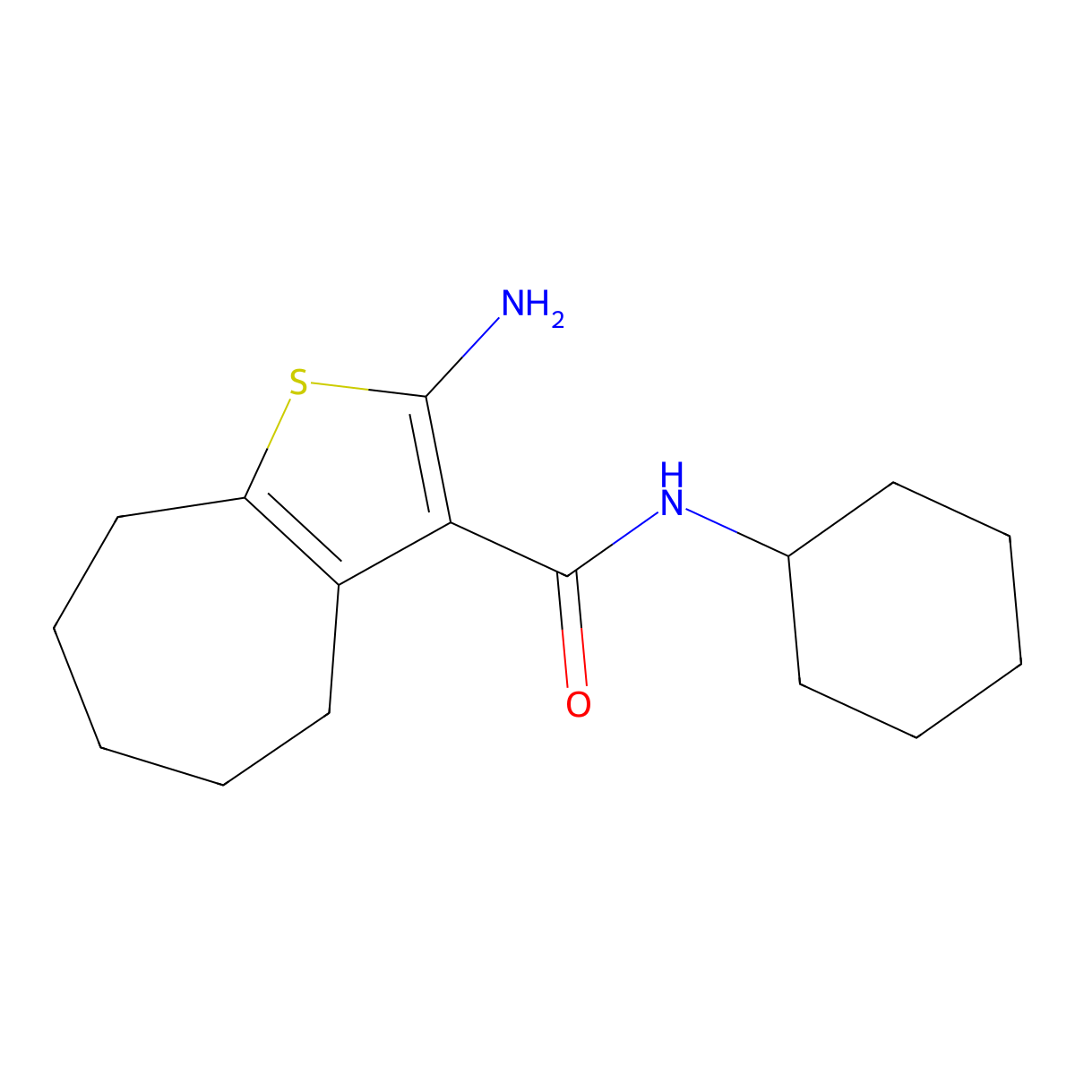 2-amino-N-cyclohexyl-5,6,7,8-tetrahydro-4H-cyclohepta[b]thiophene-3-carboxamide molecular structure, CAS 438236-24-9