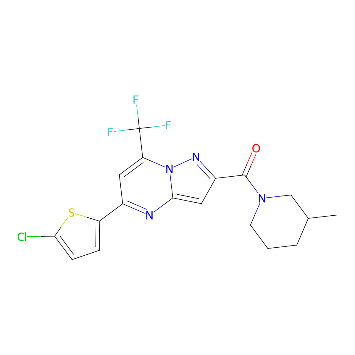 [5-(5-Chlorothiophen-2-yl)-7-(trifluoromethyl)pyrazolo[1,5-a]pyrimidin-2-yl]-(3-methylpiperidin-1-yl)methanone molecular structure, CAS 438236-28-3