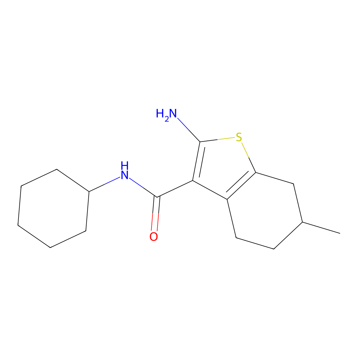 2-amino-N-cyclohexyl-6-methyl-4,5,6,7-tetrahydro-1-benzothiophene-3-carboxamide molecular structure, CAS 438236-30-7
