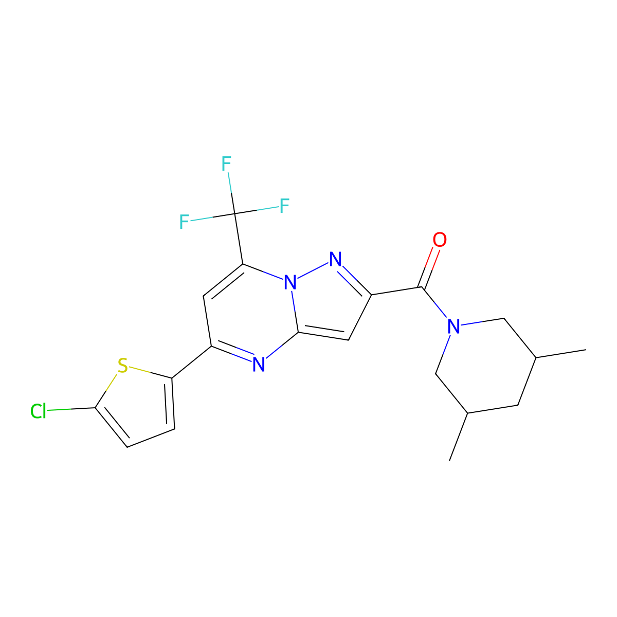[5-(5-Chlorothiophen-2-yl)-7-(trifluoromethyl)pyrazolo[1,5-a]pyrimidin-2-yl]-(3,5-dimethylpiperidin-1-yl)methanone molecular structure, CAS 438236-37-4