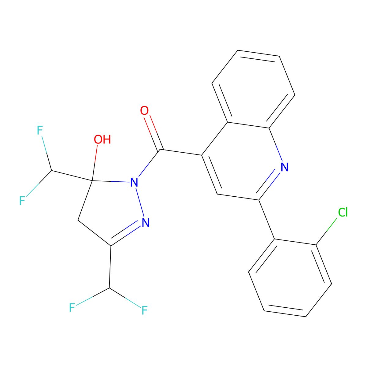 [3,5-bis(difluoromethyl)-5-hydroxy-4H-pyrazol-1-yl]-[2-(2-chlorophenyl)quinolin-4-yl]methanone molecular structure, CAS 438236-42-1