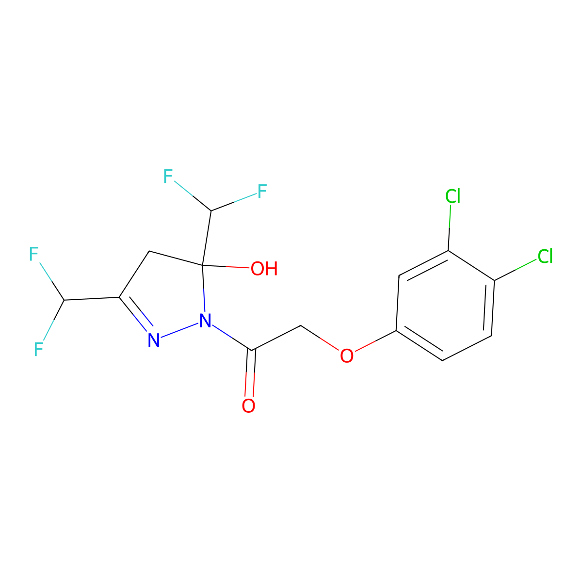 1-[3,5-bis(difluoromethyl)-5-hydroxy-4H-pyrazol-1-yl]-2-(3,4-dichlorophenoxy)ethanone molecular structure, CAS 438236-43-2