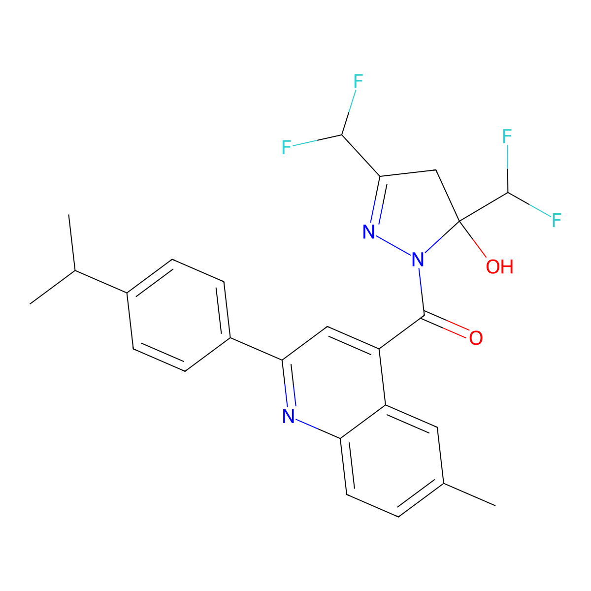 [3,5-bis(difluoromethyl)-5-hydroxy-4H-pyrazol-1-yl]-[6-methyl-2-(4-propan-2-ylphenyl)quinolin-4-yl]methanone molecular structure, CAS 438236-44-3