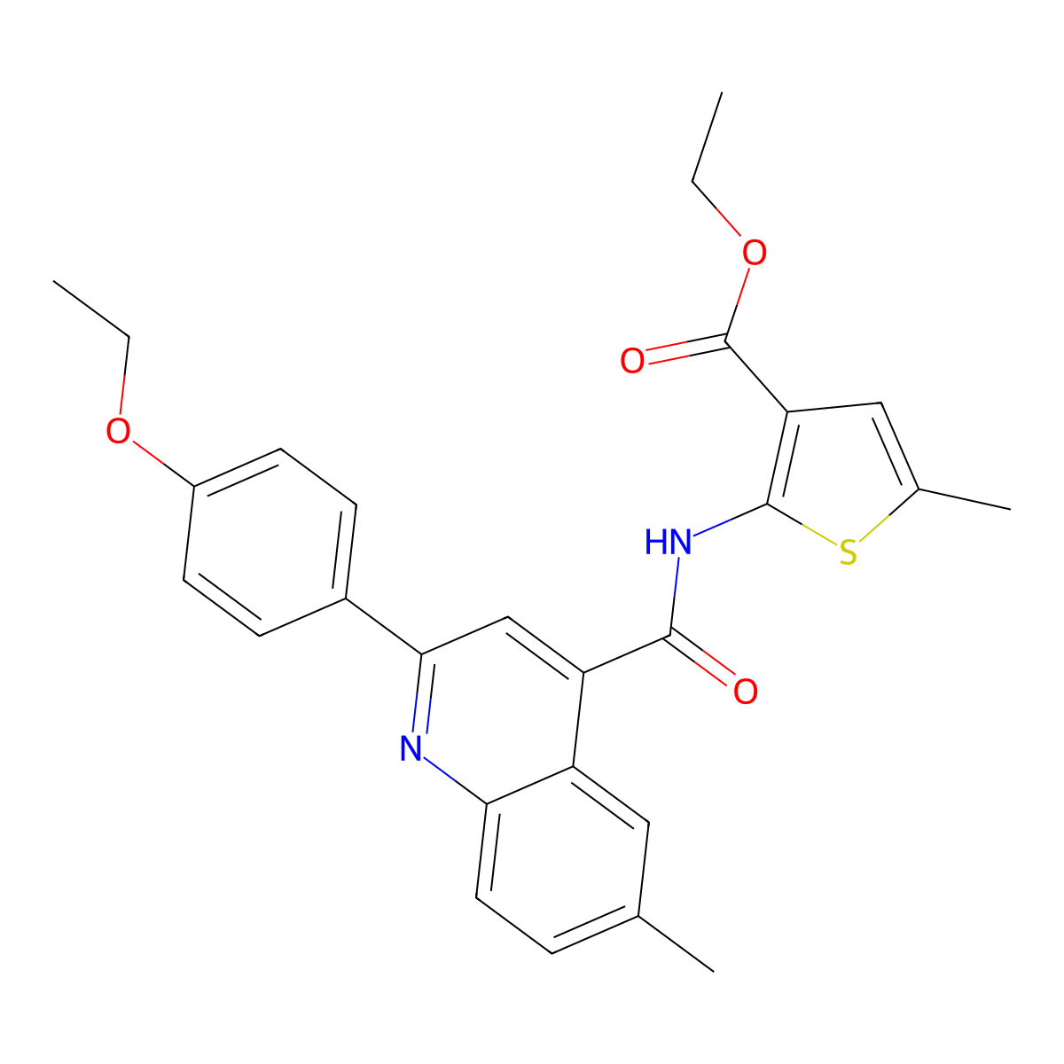 Ethyl 2-[[2-(4-ethoxyphenyl)-6-methylquinoline-4-carbonyl]amino]-5-methylthiophene-3-carboxylate molecular structure, CAS 438236-47-6