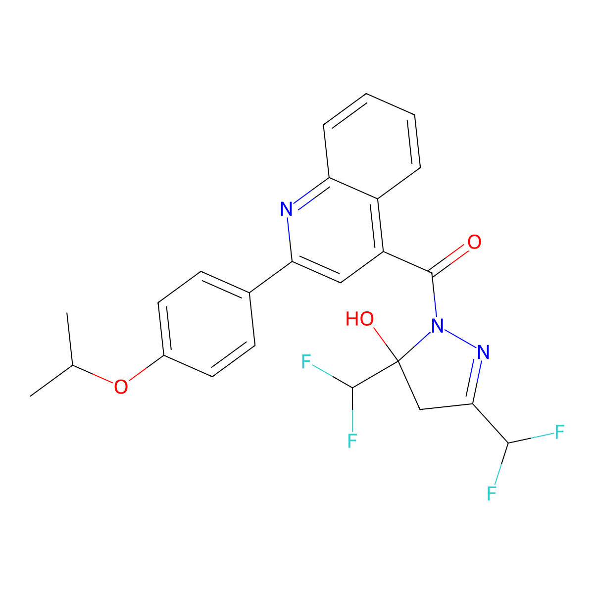 [3,5-bis(difluoromethyl)-5-hydroxy-4H-pyrazol-1-yl]-[2-(4-propan-2-yloxyphenyl)quinolin-4-yl]methanone molecular structure, CAS 438236-55-6
