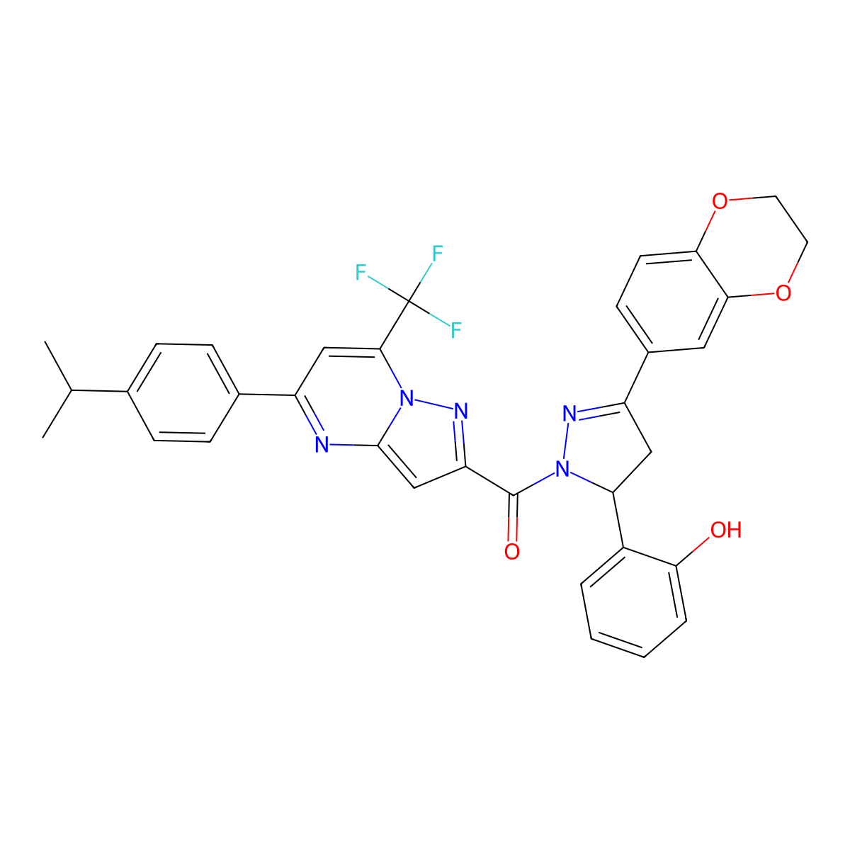 [5-(2,3-Dihydro-1,4-benzodioxin-6-yl)-3-(2-hydroxyphenyl)-3,4-dihydropyrazol-2-yl]-[5-(4-propan-2-ylphenyl)-7-(trifluoromethyl)pyrazolo[1,5-a]pyrimidin-2-yl]methanone molecular structure, CAS 438236-58-9