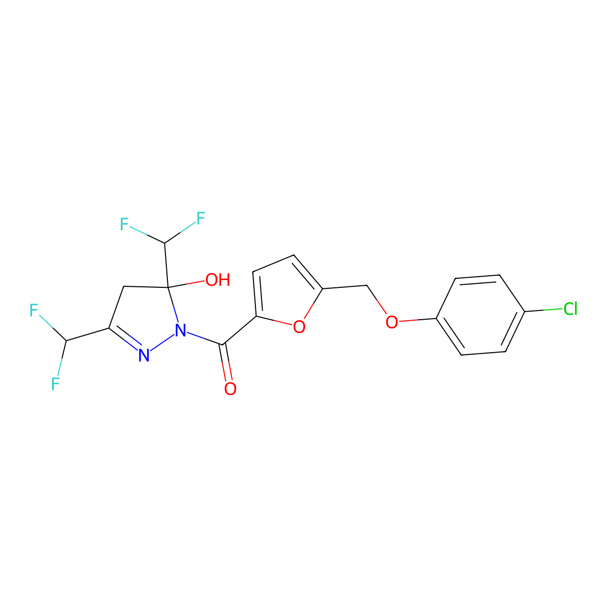 [3,5-bis(difluoromethyl)-5-hydroxy-4H-pyrazol-1-yl]-[5-[(4-chlorophenoxy)methyl]furan-2-yl]methanone molecular structure, CAS 438236-71-6