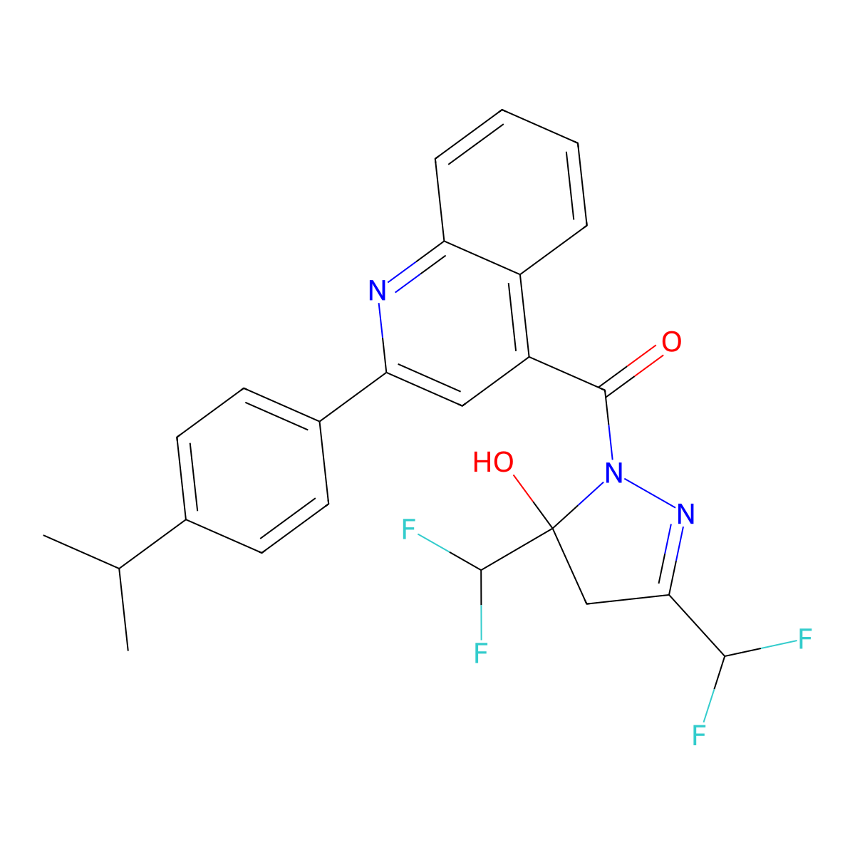 [3,5-bis(difluoromethyl)-5-hydroxy-4H-pyrazol-1-yl]-[2-(4-propan-2-ylphenyl)-4-quinolinyl]methanone molecular structure, CAS 438236-74-9