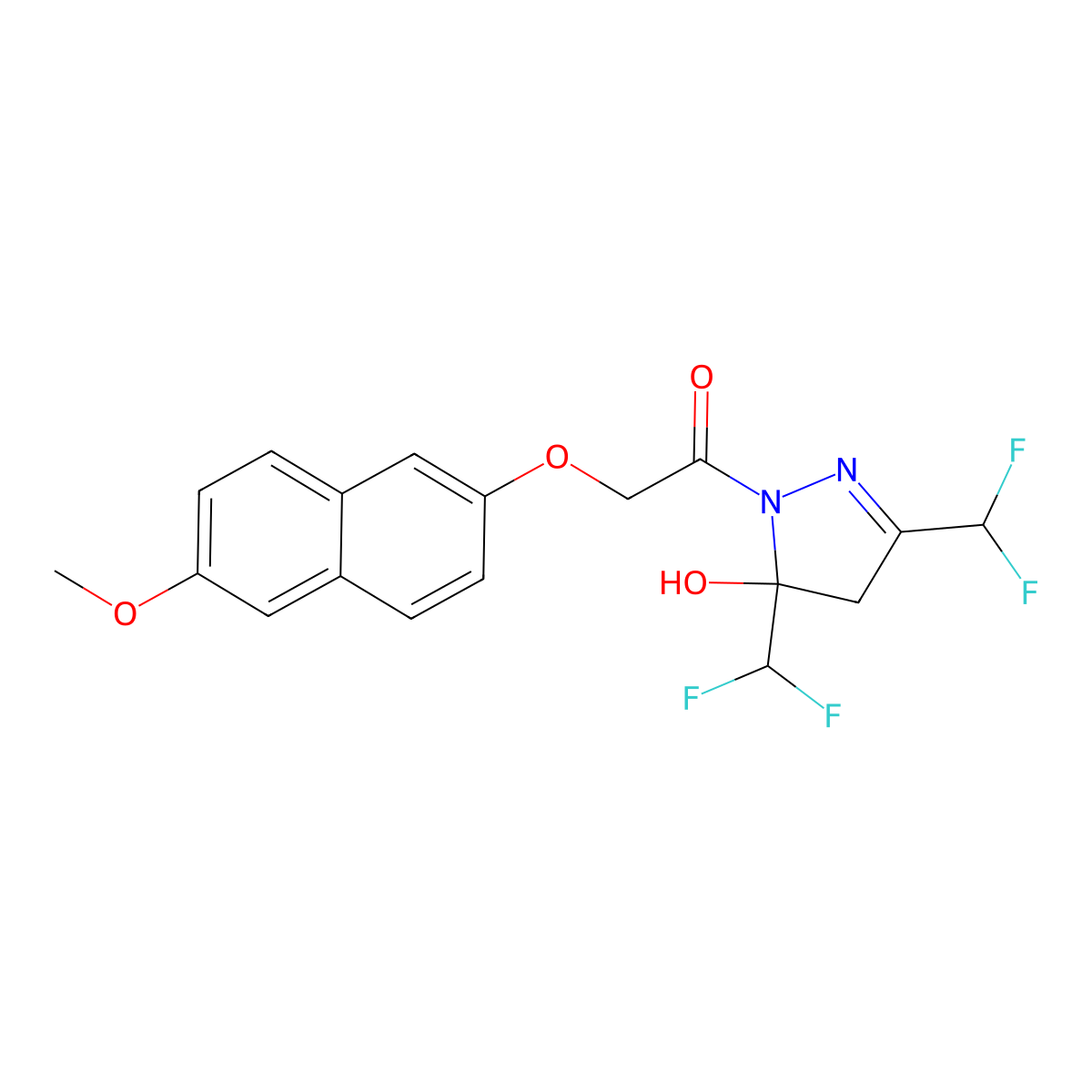 1-[3,5-bis(difluoromethyl)-5-hydroxy-4H-pyrazol-1-yl]-2-(6-methoxynaphthalen-2-yl)oxyethanone molecular structure, CAS 438236-77-2