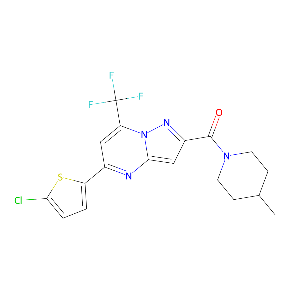 [5-(5-Chlorothiophen-2-yl)-7-(trifluoromethyl)pyrazolo[1,5-a]pyrimidin-2-yl]-(4-methylpiperidin-1-yl)methanone molecular structure, CAS 438236-81-8