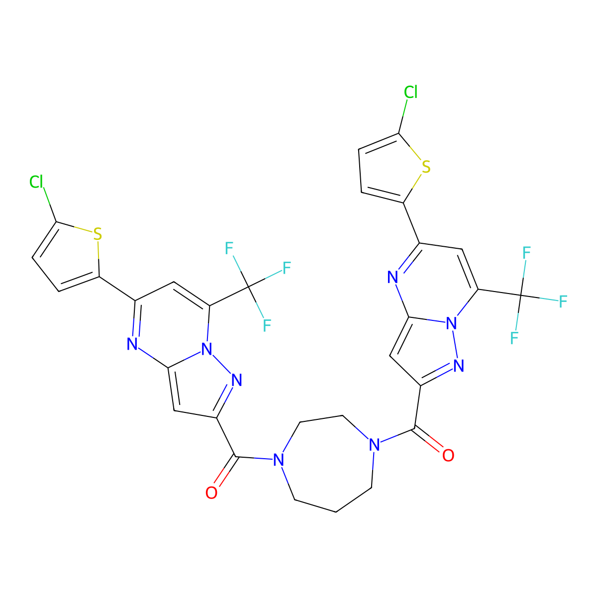 [4-[5-(5-Chlorothiophen-2-yl)-7-(trifluoromethyl)pyrazolo[1,5-a]pyrimidine-2-carbonyl]-1,4-diazepan-1-yl]-[5-(5-chlorothiophen-2-yl)-7-(trifluoromethyl)pyrazolo[1,5-a]pyrimidin-2-yl]methanone molecular structure, CAS 438236-92-1