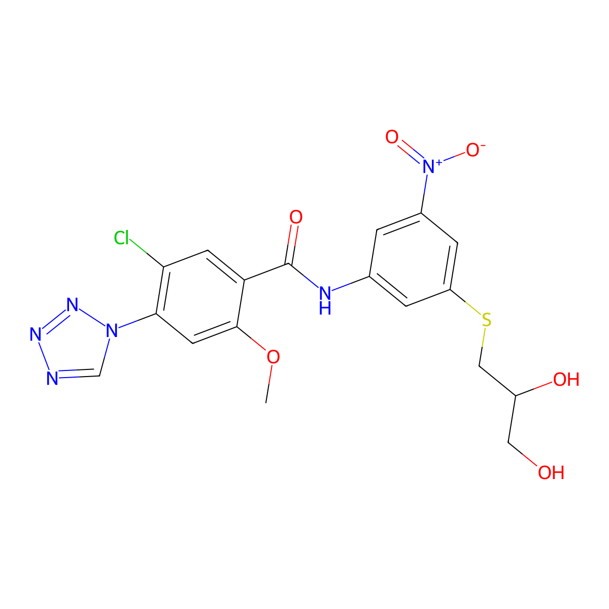 5-chloro-N-[3-(2,3-dihydroxypropylsulfanyl)-5-nitrophenyl]-2-methoxy-4-(tetrazol-1-yl)benzamide molecular structure, CAS 438237-08-2