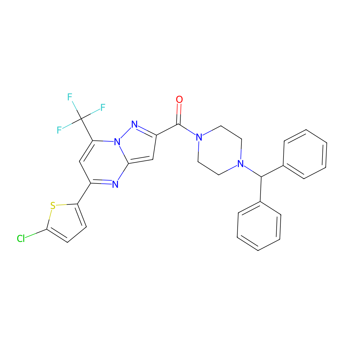 (4-Benzhydrylpiperazin-1-yl)-[5-(5-chlorothiophen-2-yl)-7-(trifluoromethyl)pyrazolo[1,5-a]pyrimidin-2-yl]methanone molecular structure, CAS 438237-10-6