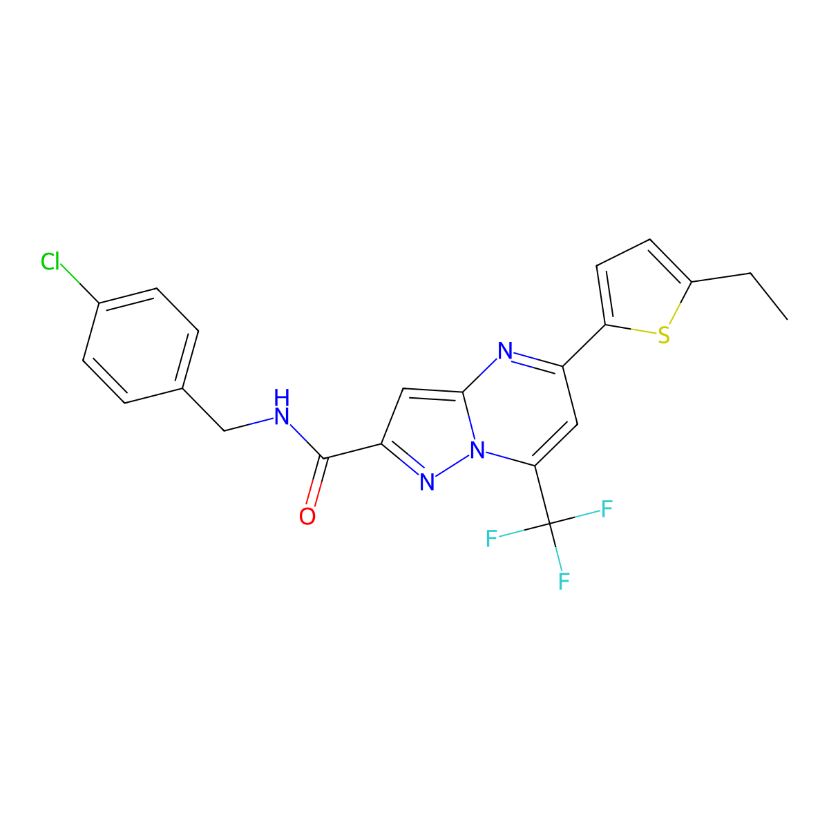 N-[(4-chlorophenyl)methyl]-5-(5-ethylthiophen-2-yl)-7-(trifluoromethyl)pyrazolo[1,5-a]pyrimidine-2-carboxamide molecular structure, CAS 438237-21-9