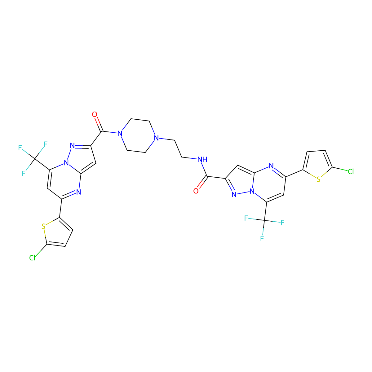 5-(5-chlorothiophen-2-yl)-N-[2-[4-[5-(5-chlorothiophen-2-yl)-7-(trifluoromethyl)pyrazolo[1,5-a]pyrimidine-2-carbonyl]piperazin-1-yl]ethyl]-7-(trifluoromethyl)pyrazolo[1,5-a]pyrimidine-2-carboxamide molecular structure, CAS 438237-26-4