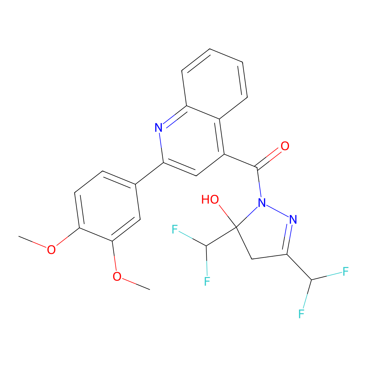 [3,5-bis(difluoromethyl)-5-hydroxy-4H-pyrazol-1-yl]-[2-(3,4-dimethoxyphenyl)quinolin-4-yl]methanone molecular structure, CAS 438237-31-1