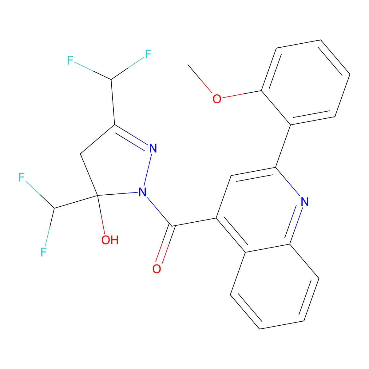 [3,5-bis(difluoromethyl)-5-hydroxy-4H-pyrazol-1-yl]-[2-(2-methoxyphenyl)quinolin-4-yl]methanone molecular structure, CAS 438237-32-2
