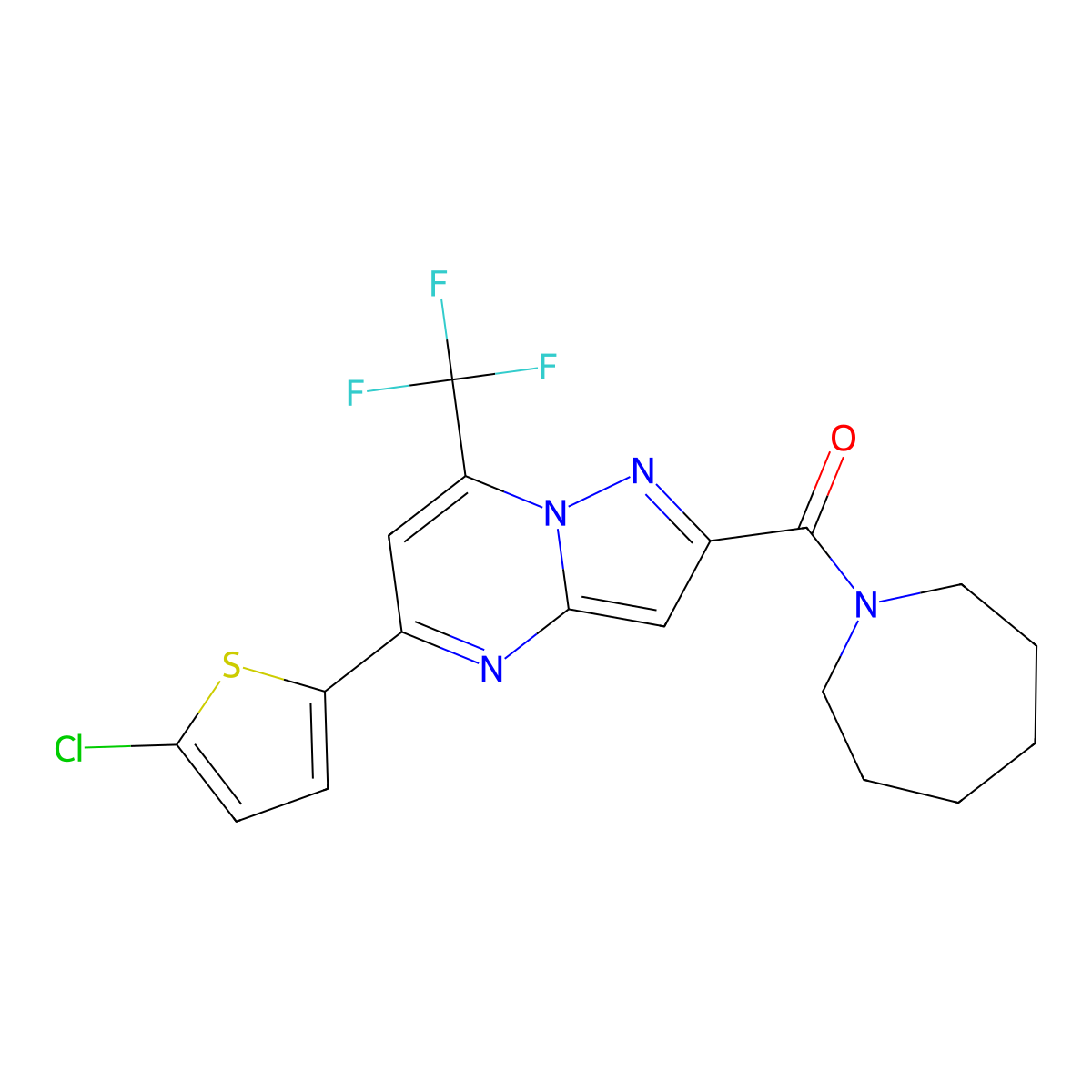 Azepan-1-yl-[5-(5-chlorothiophen-2-yl)-7-(trifluoromethyl)pyrazolo[1,5-a]pyrimidin-2-yl]methanone molecular structure, CAS 438237-33-3