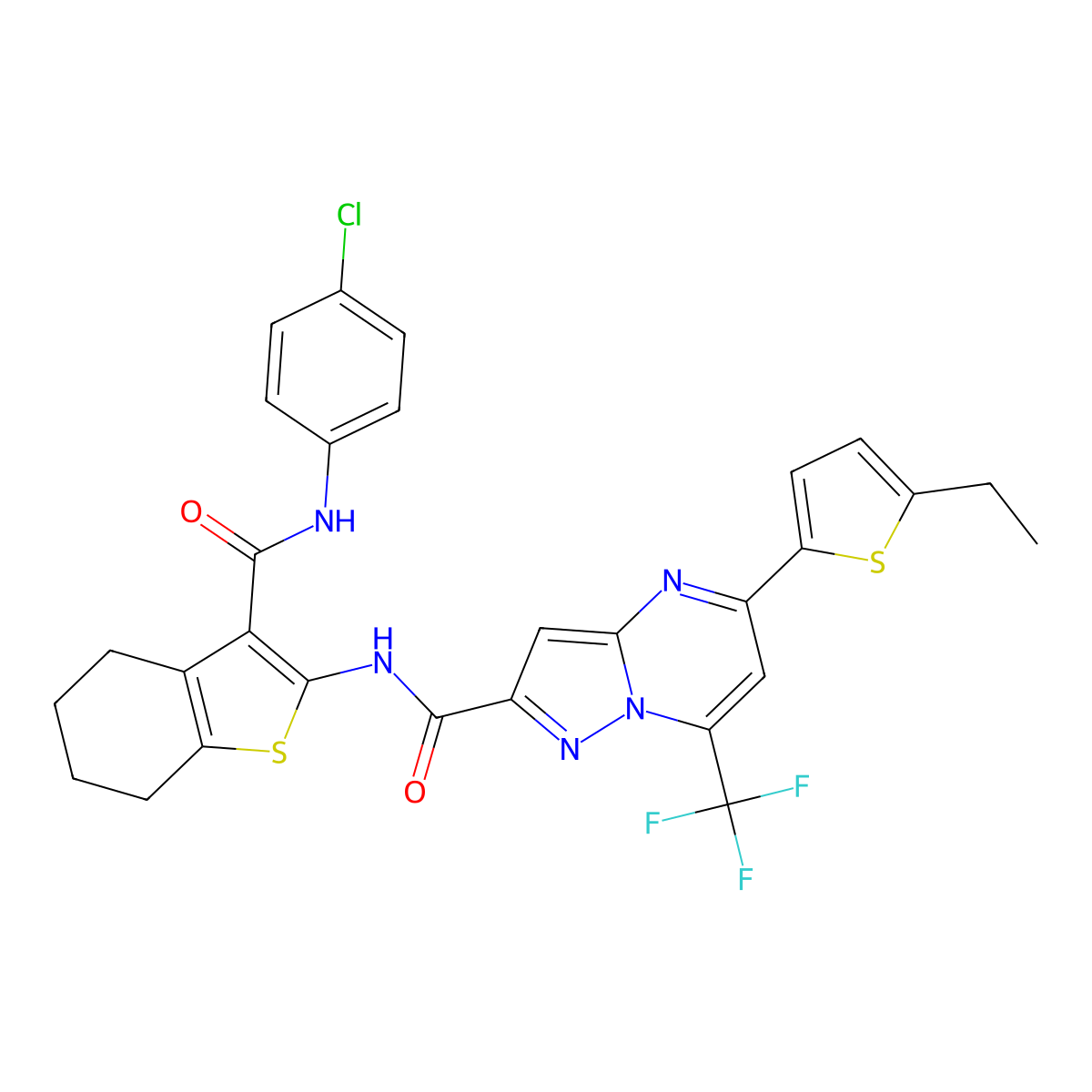 N-[3-[(4-chlorophenyl)carbamoyl]-4,5,6,7-tetrahydro-1-benzothiophen-2-yl]-5-(5-ethylthiophen-2-yl)-7-(trifluoromethyl)pyrazolo[1,5-a]pyrimidine-2-carboxamide molecular structure, CAS 438237-34-4