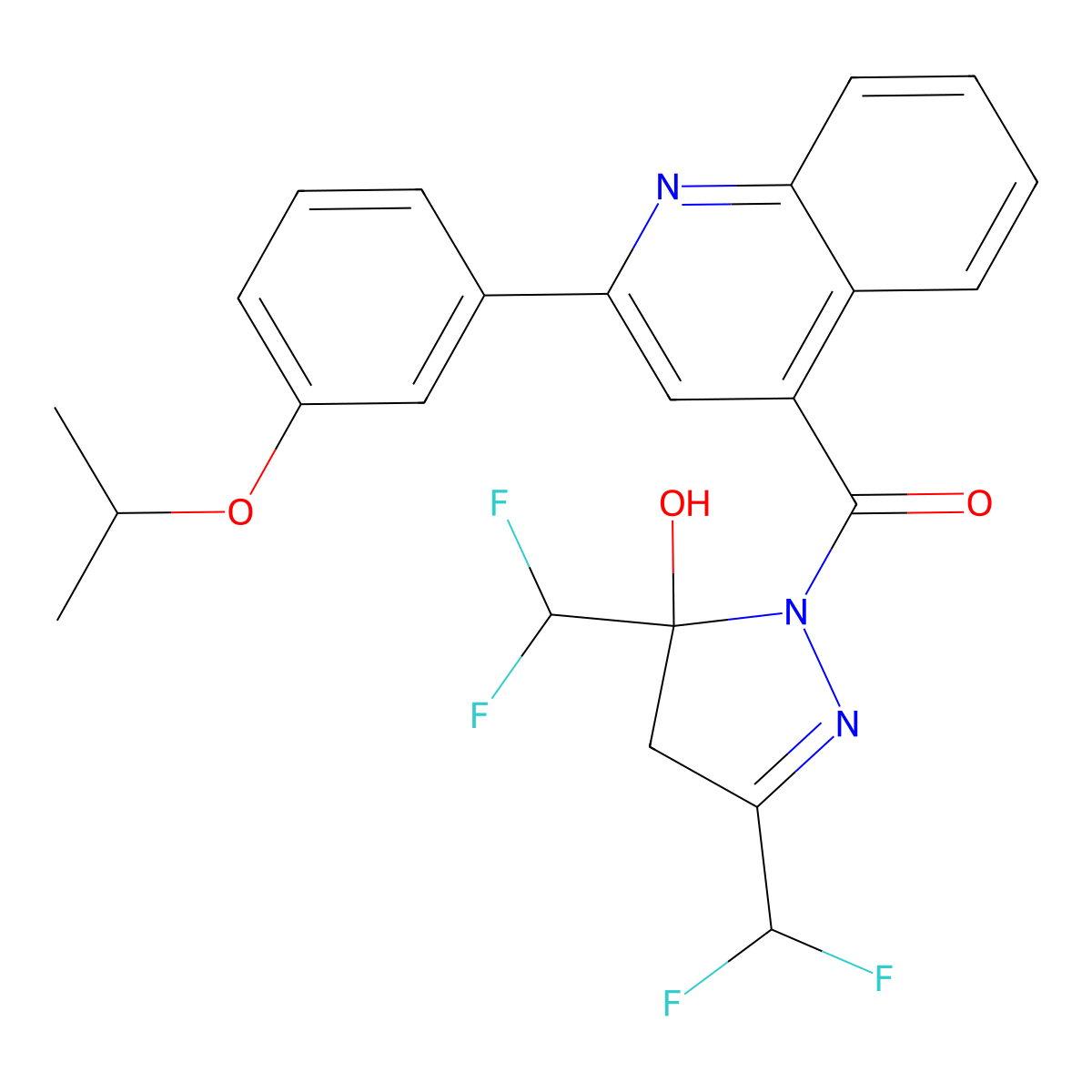 [3,5-bis(difluoromethyl)-5-hydroxy-4H-pyrazol-1-yl]-[2-(3-propan-2-yloxyphenyl)quinolin-4-yl]methanone molecular structure, CAS 438237-35-5