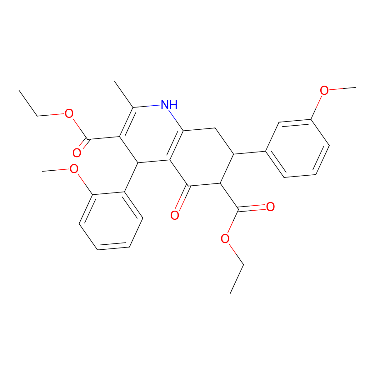 Diethyl 4-(2-methoxyphenyl)-7-(3-methoxyphenyl)-2-methyl-5-oxo-1,4,5,6,7,8-hexahydro-3,6-quinolinedicarboxylate molecular structure, CAS 438238-92-7