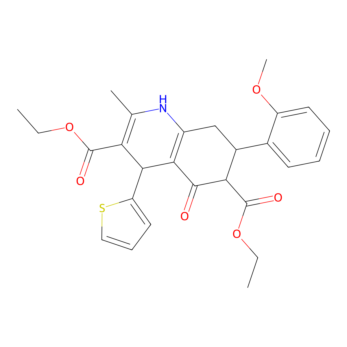 Diethyl 7-(2-methoxyphenyl)-2-methyl-5-oxo-4-(2-thienyl)-1,4,5,6,7,8-hexahydro-3,6-quinolinedicarboxylate molecular structure, CAS 438239-02-2