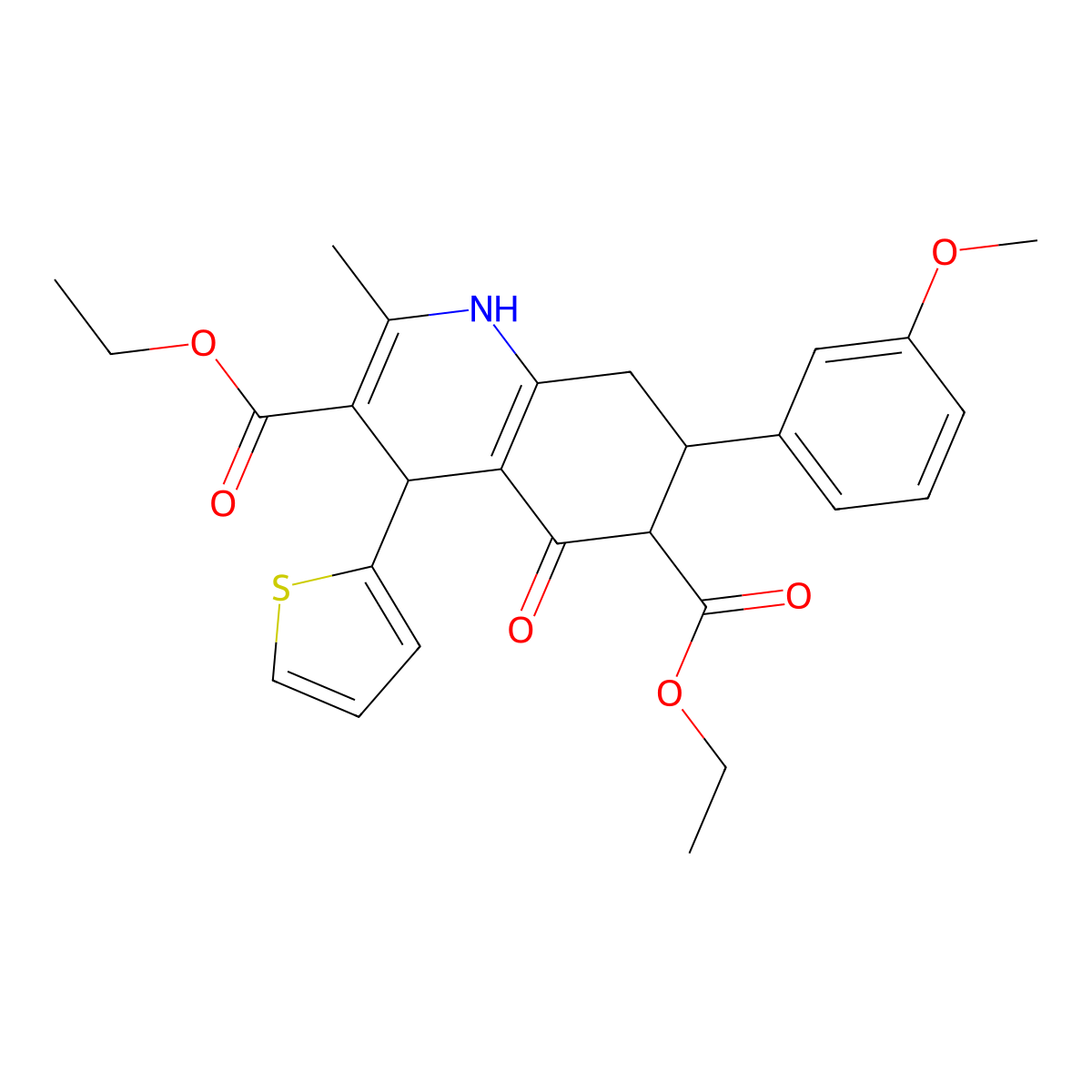 Diethyl 7-(3-methoxyphenyl)-2-methyl-5-oxo-4-(2-thienyl)-1,4,5,6,7,8-hexahydro-3,6-quinolinedicarboxylate molecular structure, CAS 438239-03-3