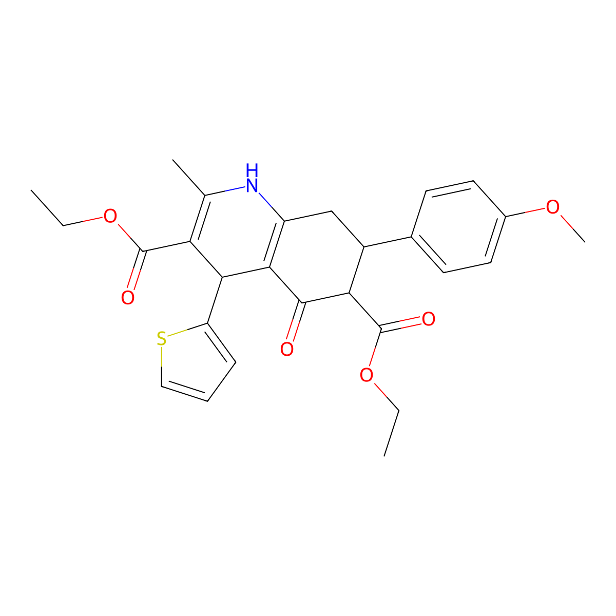 Diethyl 7-(4-methoxyphenyl)-2-methyl-5-oxo-4-(2-thienyl)-1,4,5,6,7,8-hexahydro-3,6-quinolinedicarboxylate molecular structure, CAS 438239-04-4